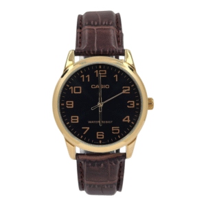Reloj Pulsera Casio Mtp-v001gl-9b correa cuero café esfera dorada con fondo negro