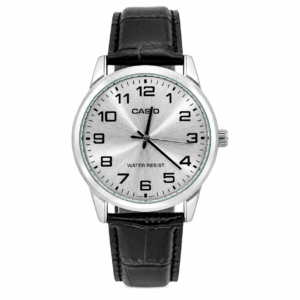 Reloj Casio para caballero MTP-V001L-7B – Correa de Cuero Color Negro – Fondo Plateado