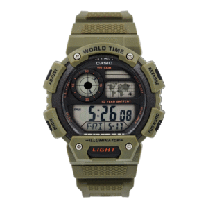 Reloj Pulsera Digital Casio AE-1400WH-3AV Con Correa De Resina Color Verde Musgo – Fondo Gris – Bisel Negro