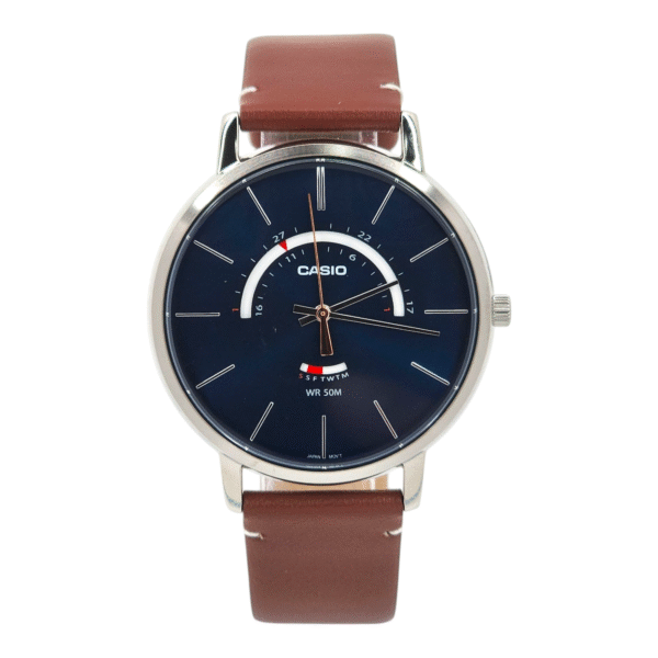 Reloj Casio MTP-B105L-2AV correa cuero cafe esfera fondo azul