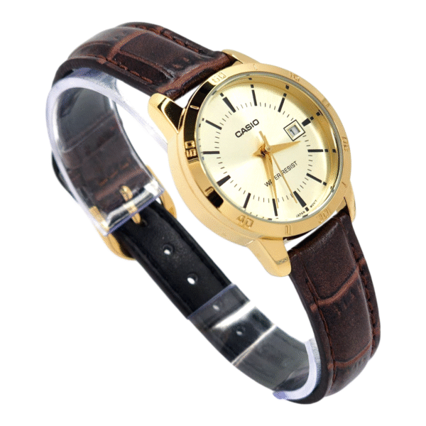 Reloj Casio LTP-V004GL-9A Mujer Correa cuero café esfera dorada - Imagen 3