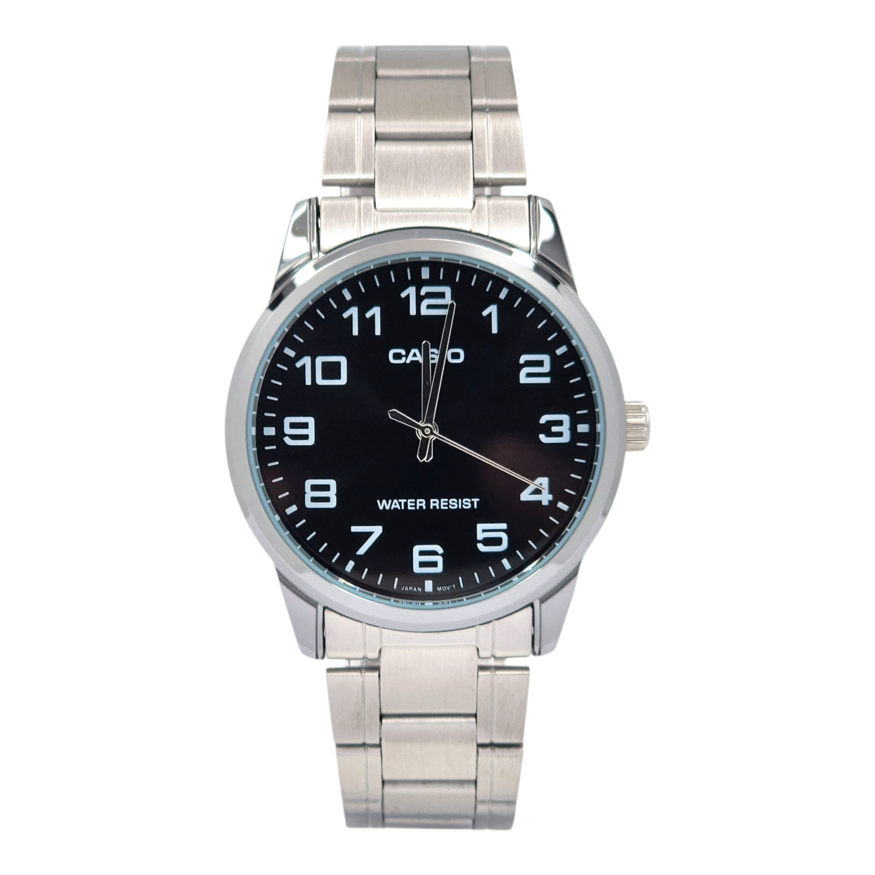 Reloj  Casio Mtp-v001d-1budf Con Correa De Acero Inoxidable Color Plateado – Fondo Negro
