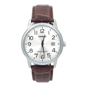 Reloj Casio hombre MTP-V002L-7B2 con correa de cuero marrón fondo plateado