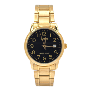 Reloj Casio caballero MTP-V002G-1B correa acero dorada fondo negro
