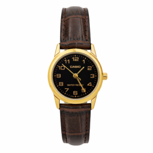 Reloj Casio dama LTP-V001GL-1B correa cafe fondo negro