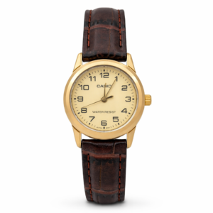 Reloj Casio dama LTP-V001GL-9B correa cafe fondo dorado