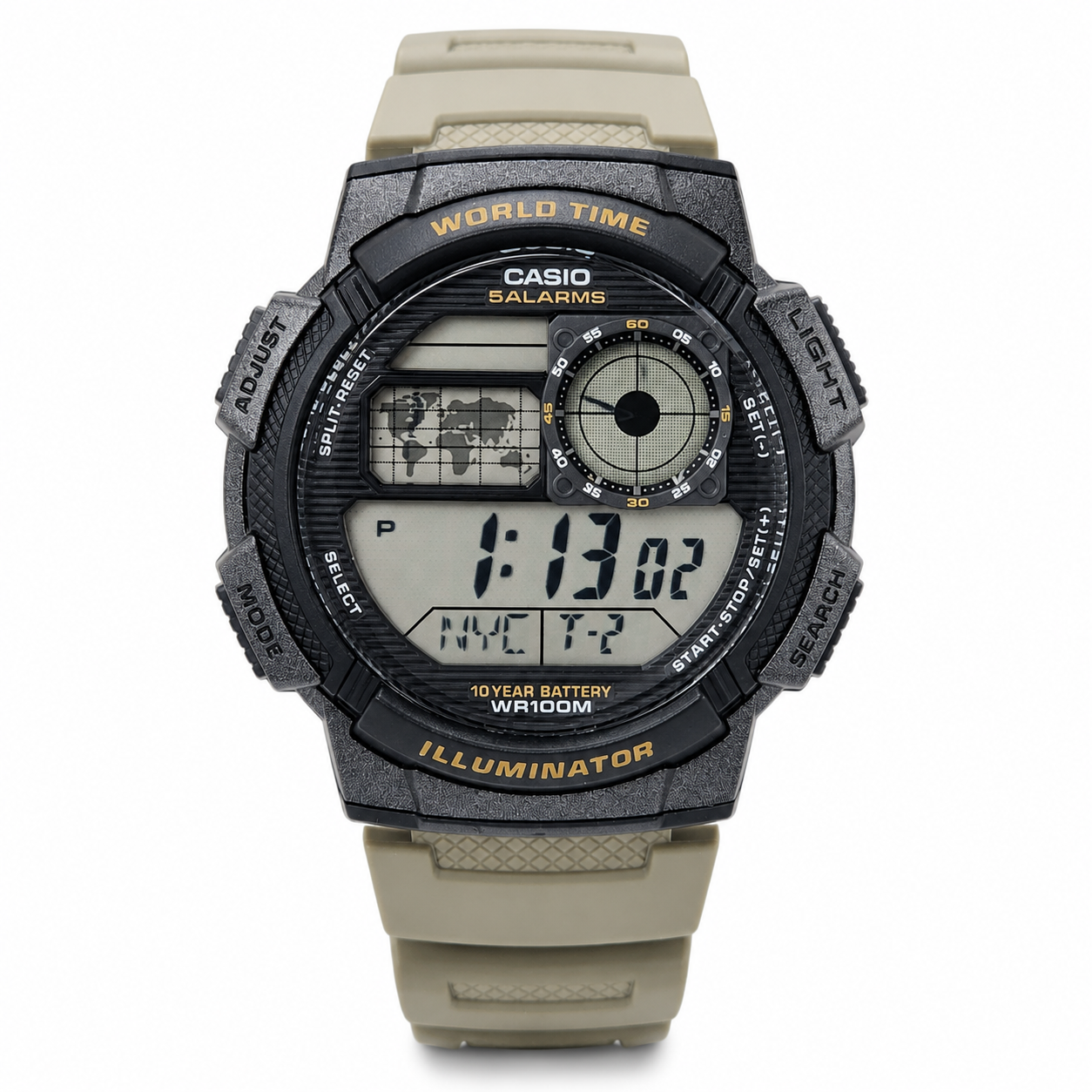 Reloj Casio caballero AE-1000W-5AV correa resina beige fondo gris