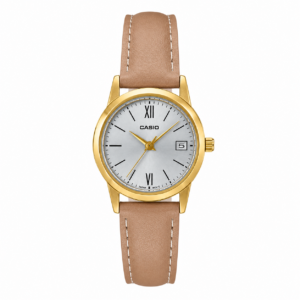 Reloj Casio para dama LTP-V002GL-7B3 – Correa de cuero café fondo plateado