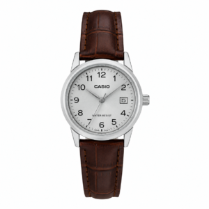 Reloj Casio para dama LTP-V002L-7B2 – Correa de cuero café fondo plateado