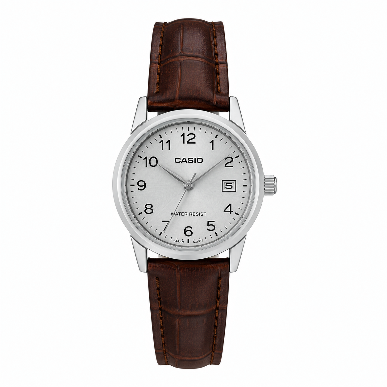 Reloj Casio dama LTP-V002L-7B2 correa cuero cafe fondo plateado