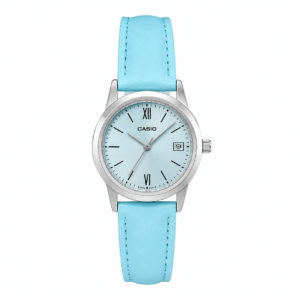 Reloj Casio para dama LTP-V002L-2B3 – Correa de cuero celeste fondo plateado