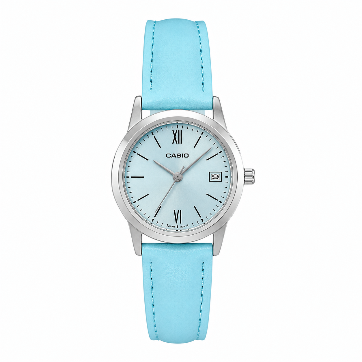 Reloj Casio dama LTP-V002L-2B3 correa cuero celeste fondo plateado