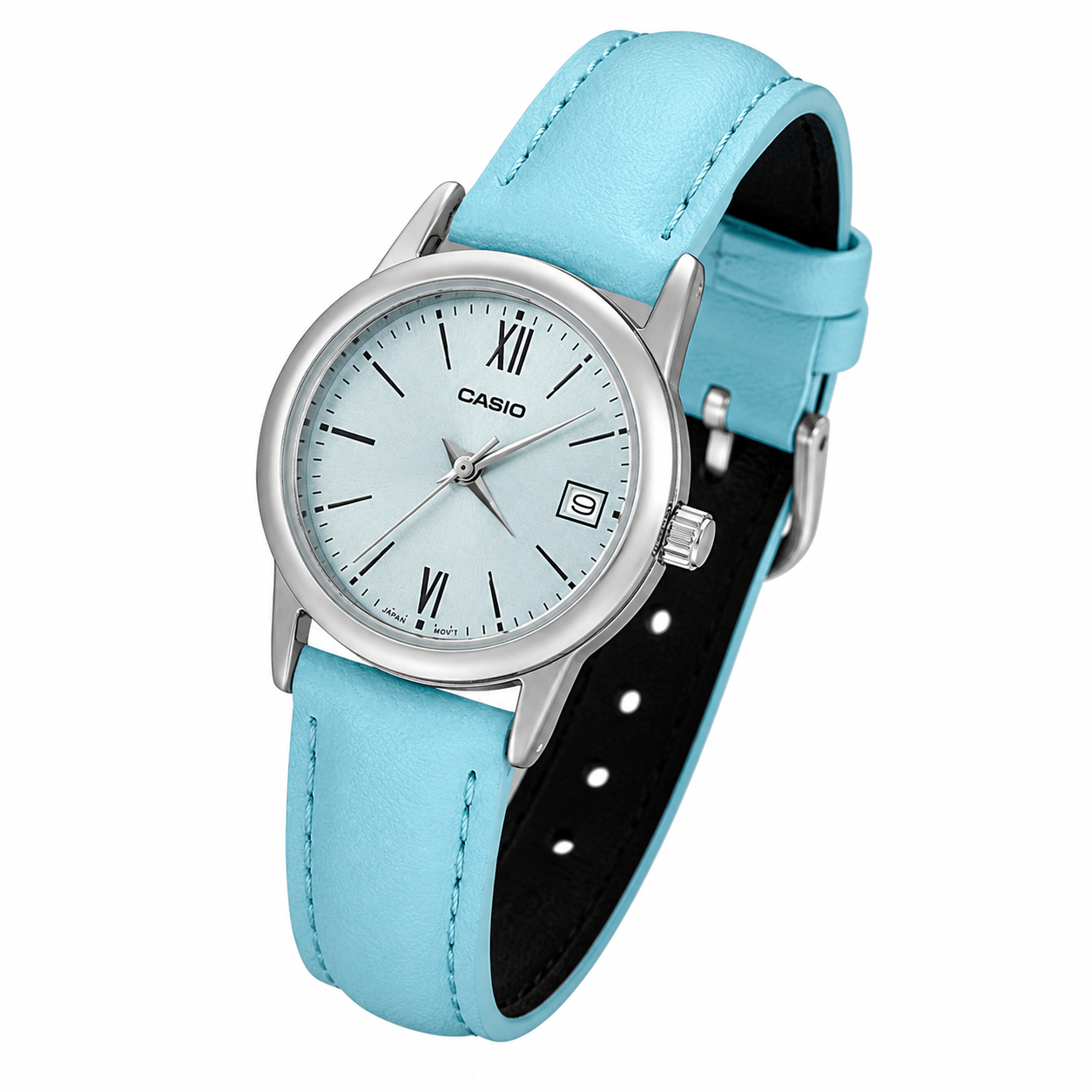 Reloj Casio dama LTP-V002L-2B3 correa cuero celeste fondo plateado - Imagen 2