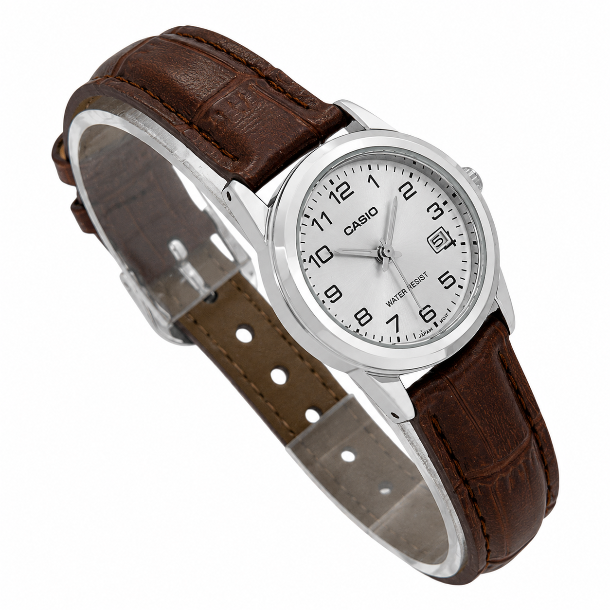 Reloj Casio dama LTP-V002L-7B2 correa cuero cafe fondo plateado - Imagen 3