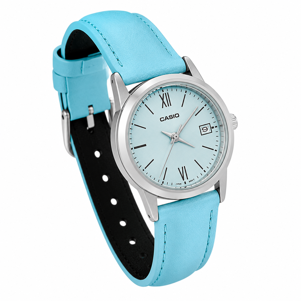 Reloj Casio dama LTP-V002L-2B3 correa cuero celeste fondo plateado - Imagen 3