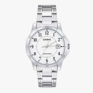 Reloj Casio para caballero MTP-V004D-7B correa acero fondo blanco