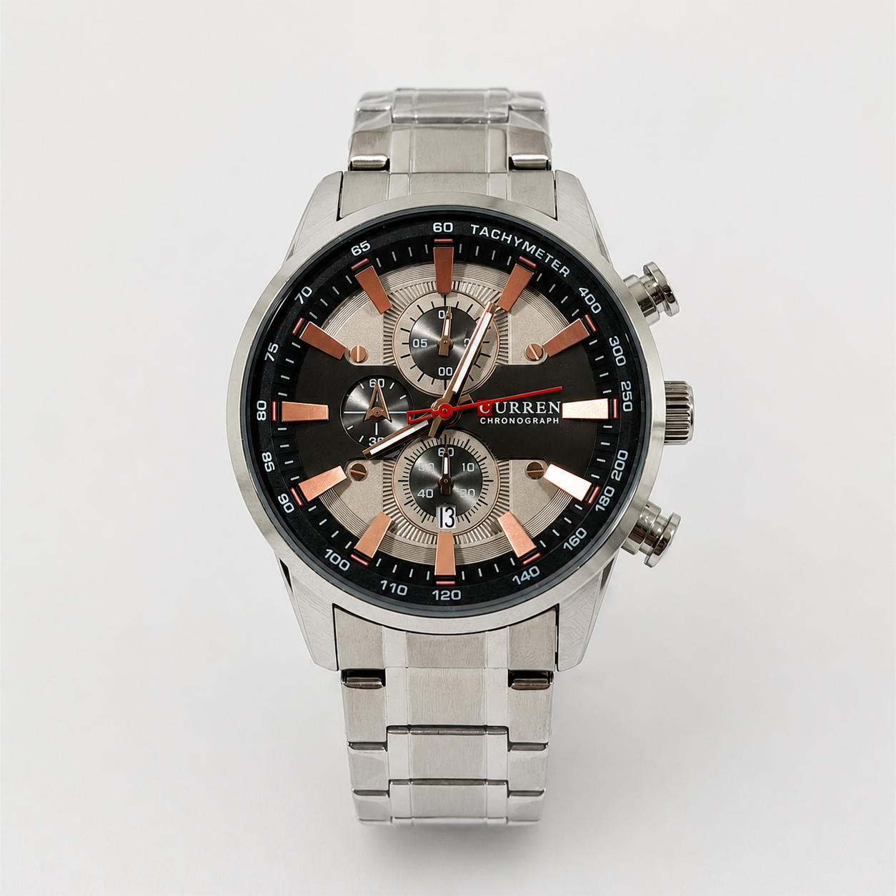 Reloj Curren para caballero 8351-2 Metal plateado con esfera negra y detalles cobre