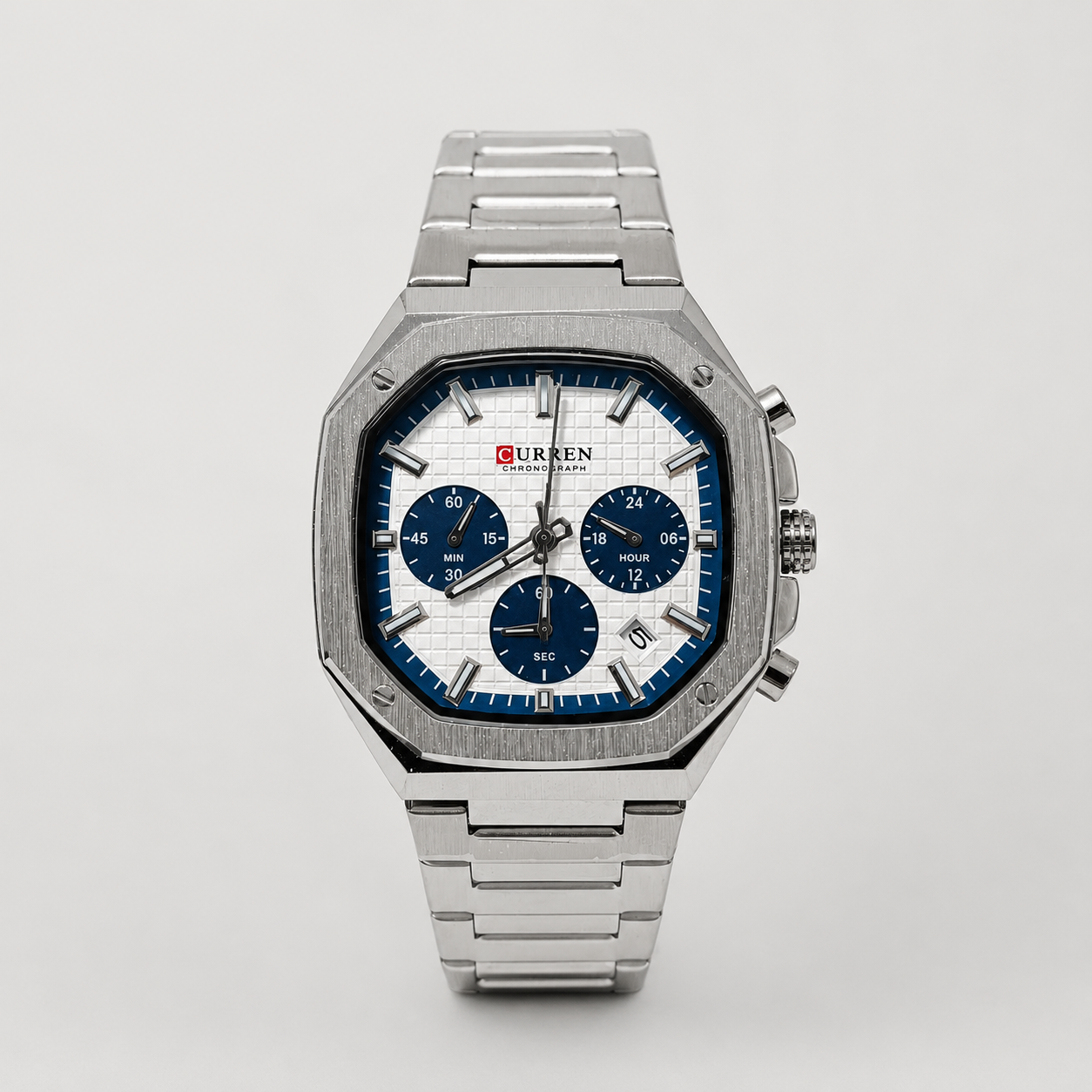 Reloj Curren para caballero 8459-1 Metal plateado con esfera blanca y detalles azules