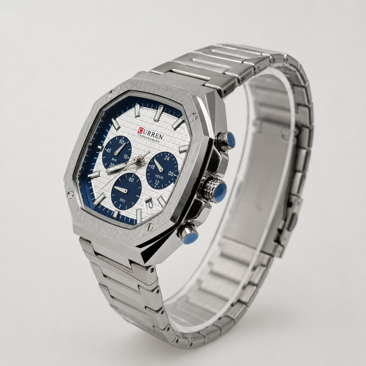 Reloj Curren para caballero 8459-1 Metal plateado con esfera blanca y detalles azules - Imagen 2