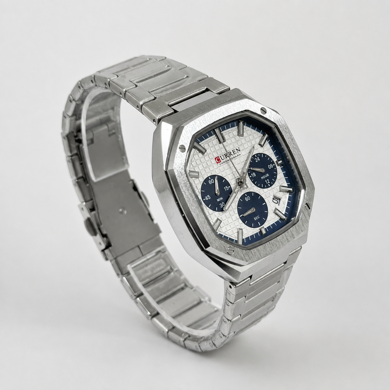 Reloj Curren para caballero 8459-1 Metal plateado con esfera blanca y detalles azules - Imagen 3