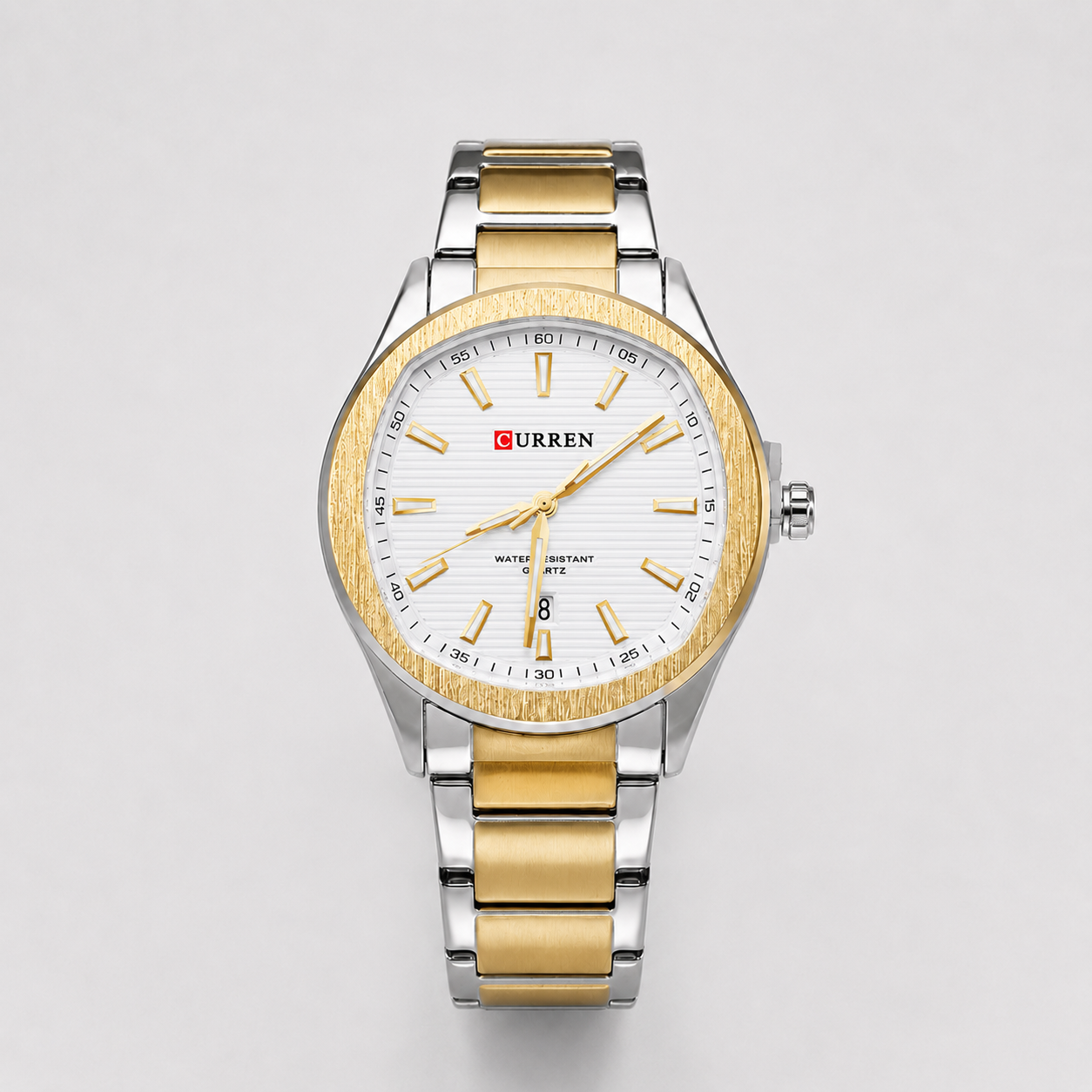 Reloj Curren para caballero 8474-3 Metal bicolor plateado y dorado con esfera blanca