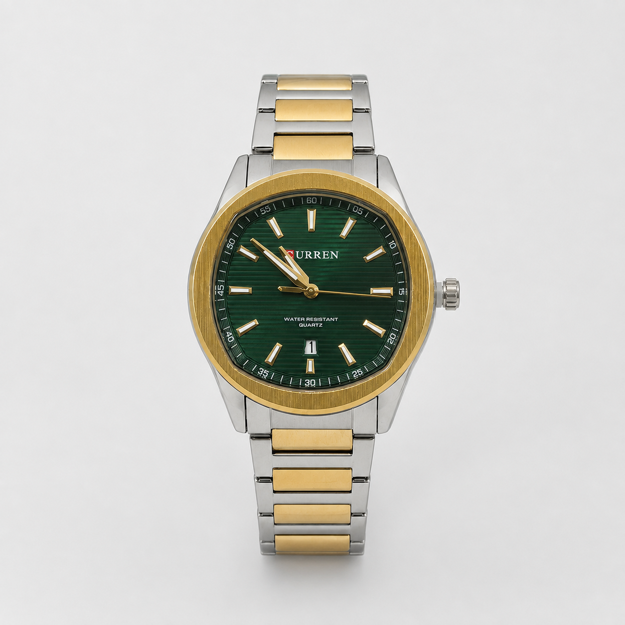 Reloj Curren para caballero 8474-4 Metal bicolor plateado y dorado con esfera verde