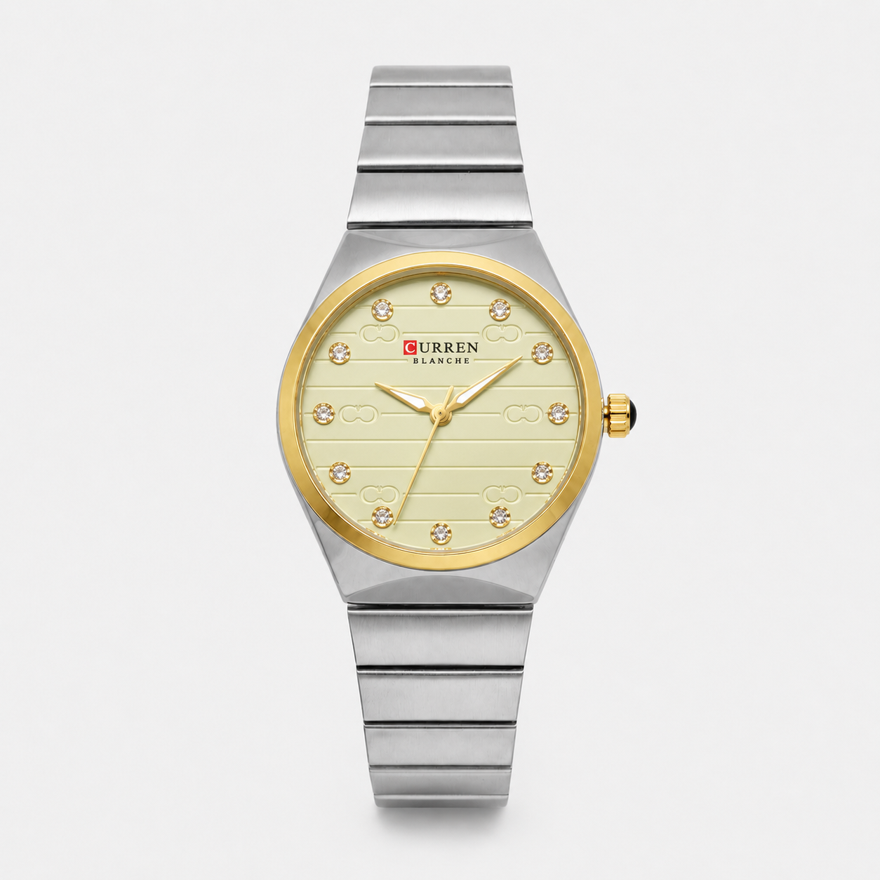 Reloj Curren para dama 9110-2 Metal plateado con detalles dorados y esfera blanca