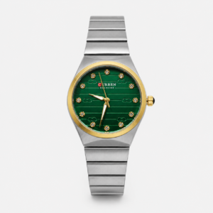 Reloj Curren para dama 9110-3 Metal plateado con detalles dorados y esfera verde