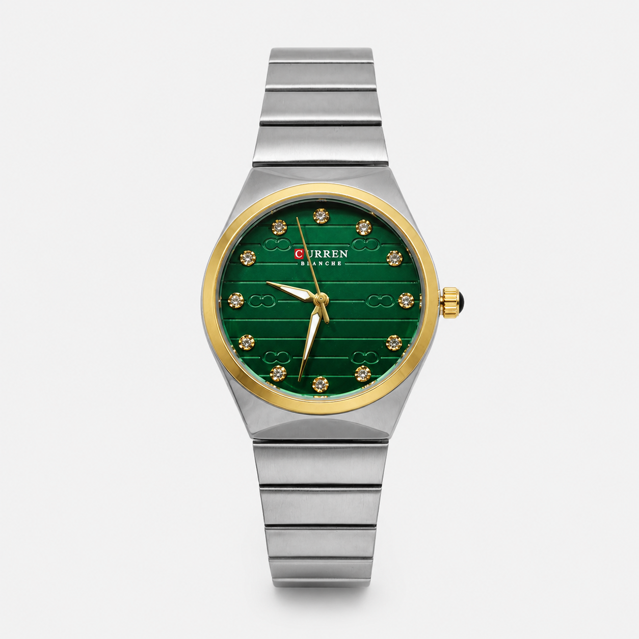 Reloj Curren para dama 9110-3 Metal plateado con detalles dorados y esfera verde
