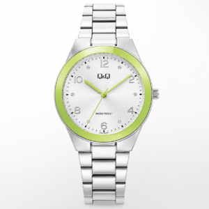Reloj Q&Q para dama – Q78B-007PY – analógico plateado y verde