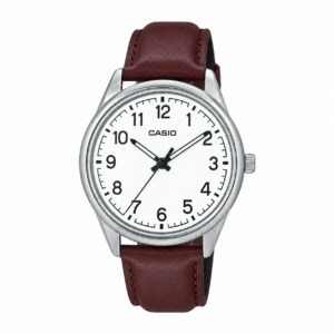Reloj Casio caballero MTP-V005L-7B4 correa cuero cafe esfera blanca