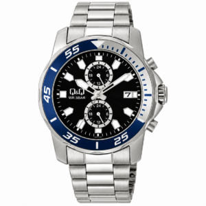 Reloj Q&Q para caballero – A42A-001PY – plateado con esfera negra y cronógrafos