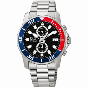 Reloj Q&Q para caballero – A42A-002PY – plateado con esfera negra y detalles rojos