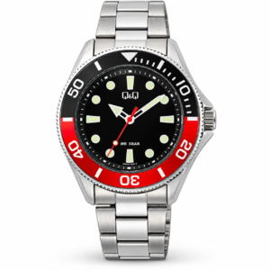 Reloj Q&Q para caballero – C72A-004PY – plateado con bisel negro y rojo